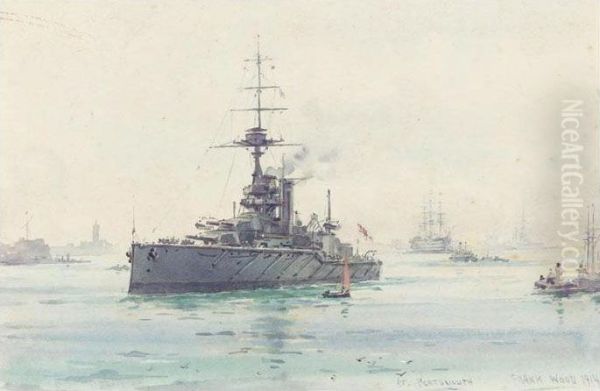 'h.m.s. King George V' At 
Portsmouth, 1914; The Home Port 'h.m.s. Tiger'; 'h.m.s. Ajax' 1914; 
Battle Ships And Tugboats By Moonlight by Frank Watson Wood