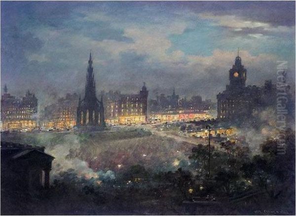 Edinburgh At Night With Princes Street In The Distance by Frank Watson Wood