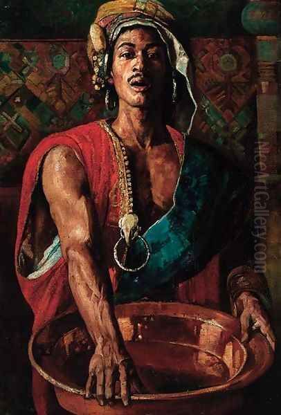 An oriental man with a copper bowl Oil Painting by Gyula Tornai