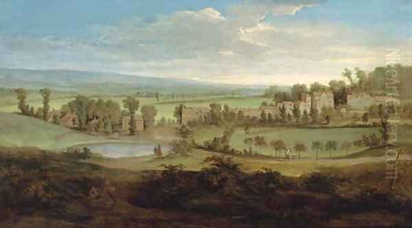 Figures in an extensive landscape with a country house in the distance Oil Painting by Peter Tillemans