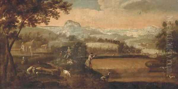 Figures hunting in an extensive landscape Oil Painting by Peter Tillemans