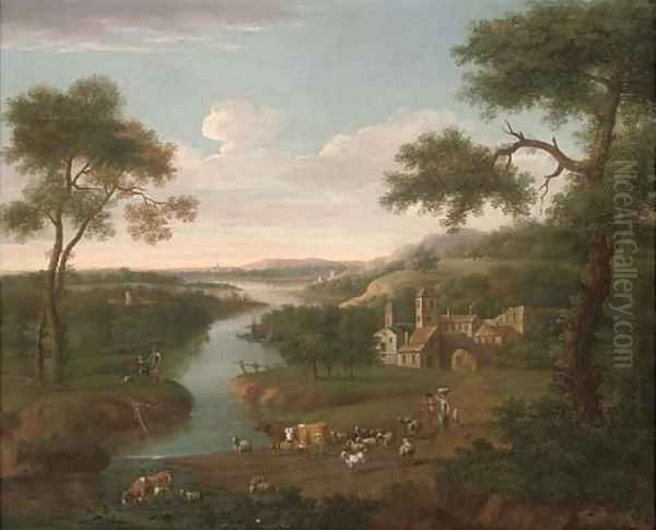 An extensive wooded river landscape with a shepherd, his family and cattle on a track, a village beyond Oil Painting by Peter Tillemans