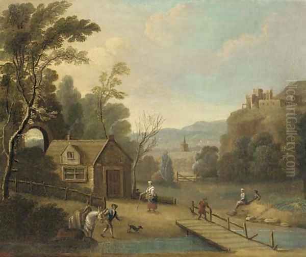 A landscape with figures by a river Oil Painting by Peter Tillemans