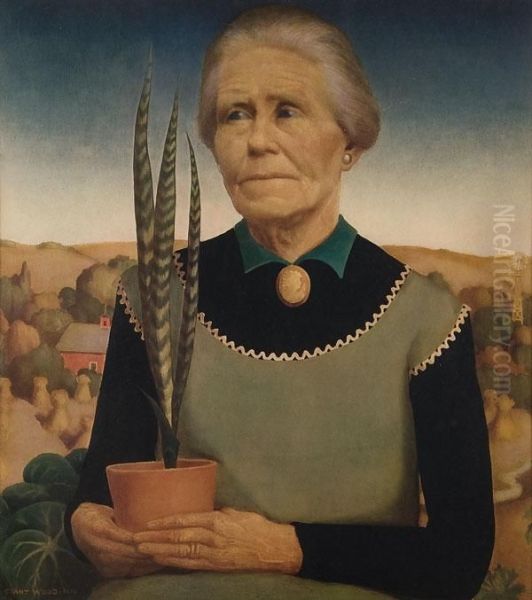 Woman With Plant Oil Painting by Grant Wood