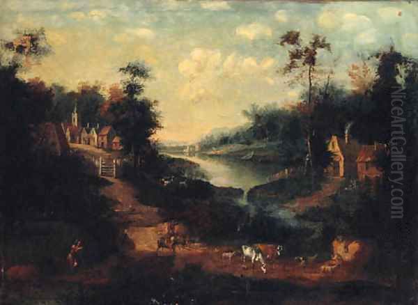 A river landscape with drovers on a track outside a village Oil Painting by Peter Tillemans