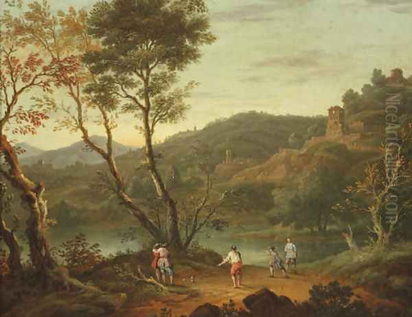 An Italianate landscape with 'boule' players on the banks of a lake, fortified towns in the distance Oil Painting by Peter Tillemans