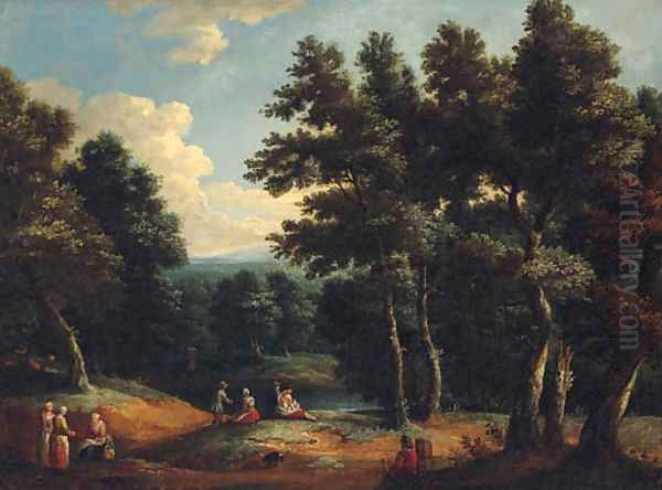 A wooded landscape with peasants by a sandy track Oil Painting by Peter Tillemans