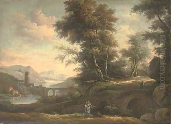 A wooded river landscape with an amorous couple on a track, classical buildings beyond Oil Painting by Peter Tillemans