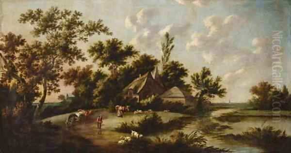 An extensive landscape with a herder, milkmaid and cattle before a farmstead Oil Painting by Peter Tillemans