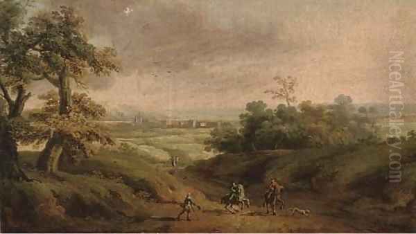 An extensive landscape with horsemen and a beggar in the foreground Oil Painting by Peter Tillemans