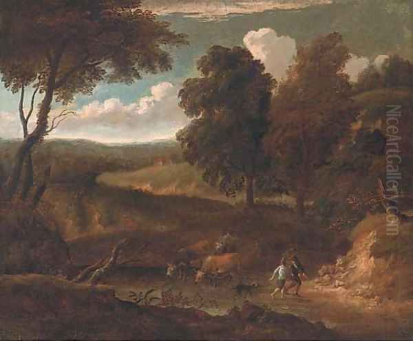 A wooded track with cattle drinking at a river and figures with a dog Oil Painting by Peter Tillemans