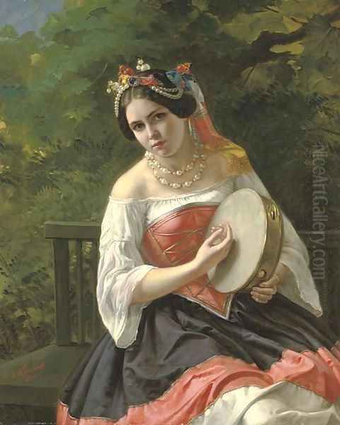 Portrait of a young lady in costume playing a tambourine Oil Painting by Kapiton Fedorovich Turchaninov