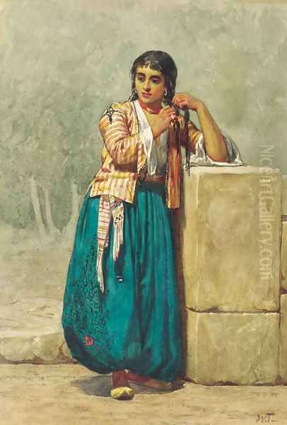 A North African beauty brading her hair Oil Painting by Willem De Famars Testas