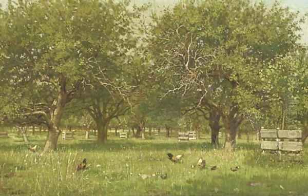 Chickens in an orchard Oil Painting by Willem De Famars Testas