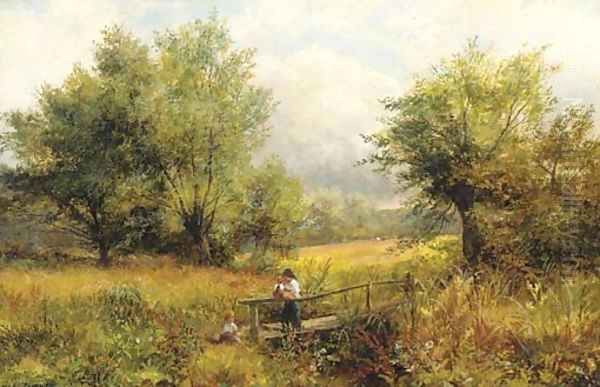 Children on a bridge, near Barrow on Trent Oil Painting by William Lakin Turner