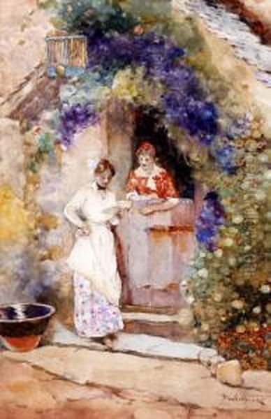 Two Ladies Conversing At A Cottage Doorway Oil Painting by David Woodlock