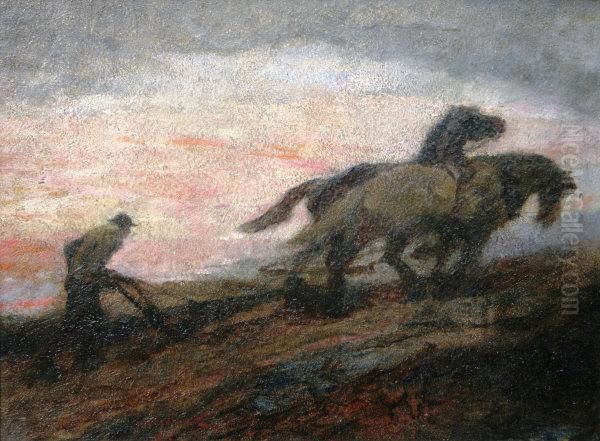 February Ploughing Oil Painting by David Woodlock