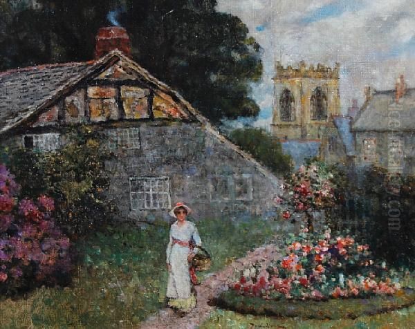 Lady In A Cottage Garden Oil Painting by David Woodlock