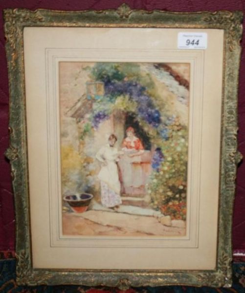 Two Ladies Beside A Cottage Oil Painting by David Woodlock