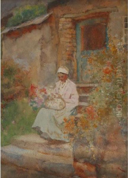 Waiting On The Cottage Steps Oil Painting by David Woodlock