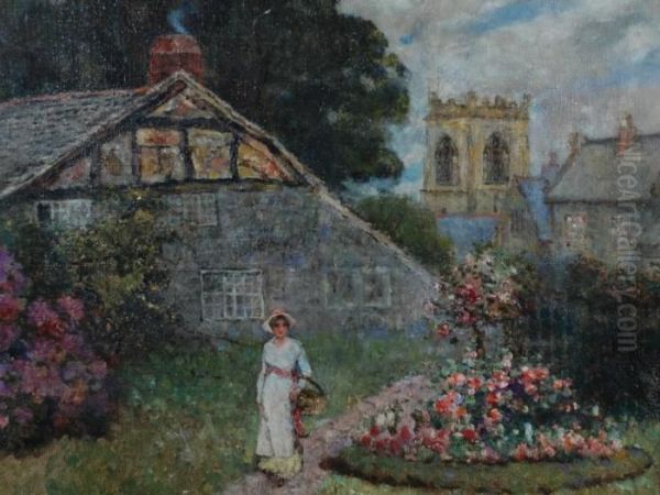 A Village Scene With A Lady Passing A Flower Border Cottages And Church Tower Beyond Oil Painting by David Woodlock