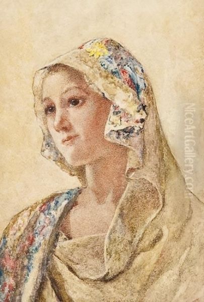 Girl In A Floral Shawl Oil Painting by David Woodlock