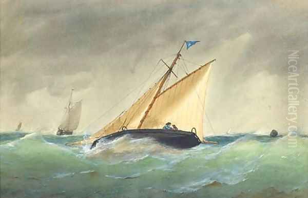 A cutter heeling in an offshore breeze Oil Painting by Henry E. Tozer