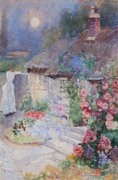 Girl In A White Dress Outside A Thatched Cottage With Hollyhocks Oil Painting by David Woodlock