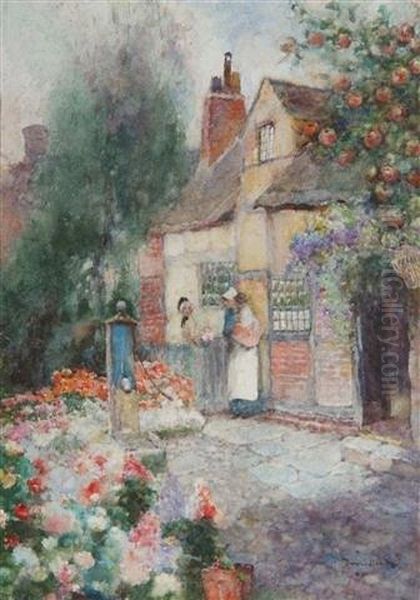 Two Ladies Gossiping Over A Fence Outside A Cottage With Well Oil Painting by David Woodlock