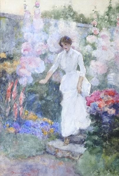 Maid In A Flower Garden Oil Painting by David Woodlock