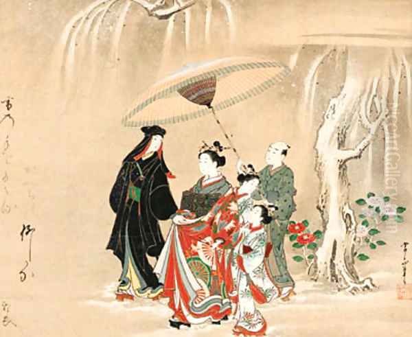 A courtesan procession in the snow Oil Painting by Kawamata Tsunemasa