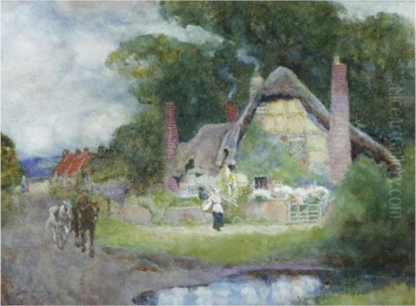 Figures By A Cottage; The Fair Haymaker Oil Painting by David Woodlock