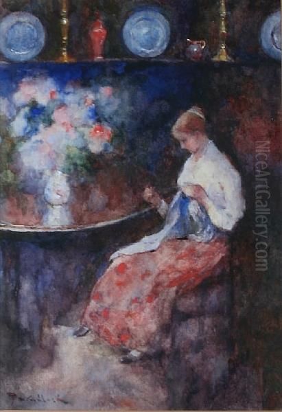 A Lady Sewing In An Interior Oil Painting by David Woodlock