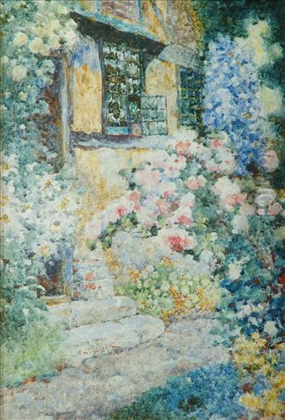 The Cottage Door,with Roses And Delphiniums Oil Painting by David Woodlock