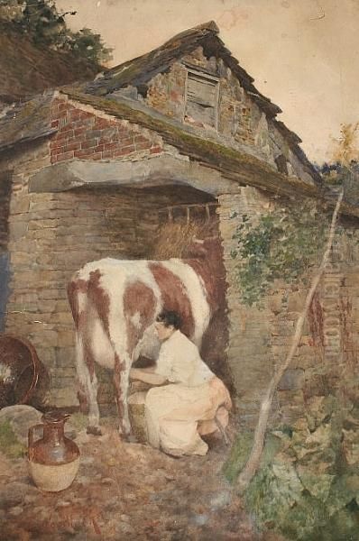 Maid Milking A Cow By A Barn, Unframed Oil Painting by David Woodlock