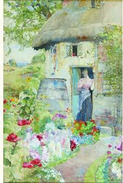 Une Femme Sortant Dans Son Jardin Oil Painting by David Woodlock