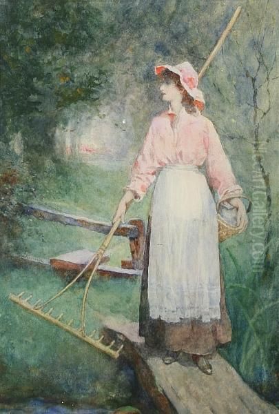 Maid On A Wooded Lane With Basket And Rake Oil Painting by David Woodlock