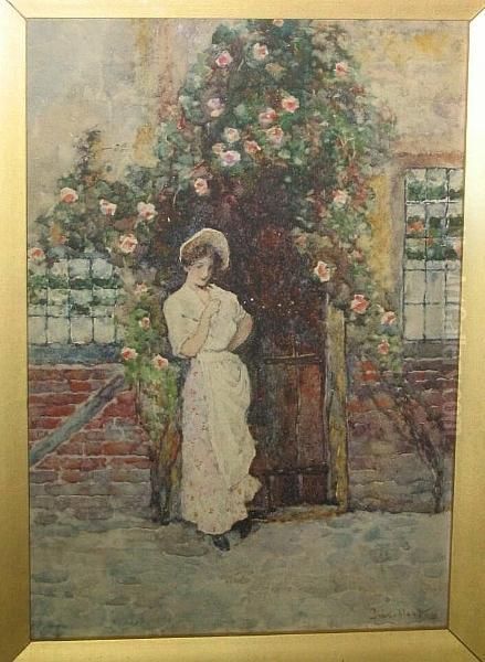 Young Maid At A Cottage Door Oil Painting by David Woodlock