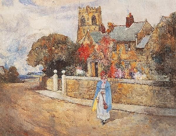 Young Girl In A Village Street Oil Painting by David Woodlock