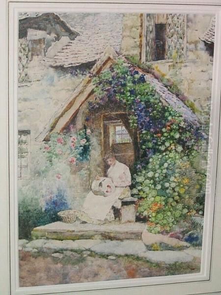 Lady Seated At A Cottage Door Oil Painting by David Woodlock