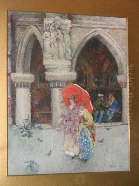 Venetian Ladies With Parasol Passing Before A Doorway Of The Doges's Palace Oil Painting by David Woodlock