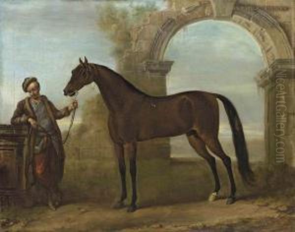 The Godolphin Arabian, Held By A Groom, In A Landscape With Aruined Arch Oil Painting by John Wootton