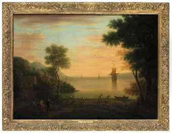 An Italianate Landscape At Sunset, With Figures And Fishermen Inthe Foreground Oil Painting by John Wootton