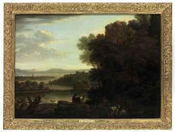 An Extensive River Landscape, With A Goatherd And Goats Oil Painting by John Wootton