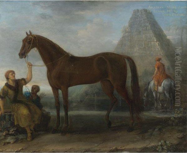 A Dark Chestnut Arabian Mare, 
Given By King Louix Xiv To Lord Petreheld By A Groom In A Landscape Oil Painting by John Wootton