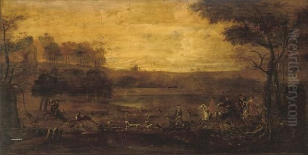 A Hunt In An Extensive Landscape With Buildings Beyond Oil Painting by John Wootton