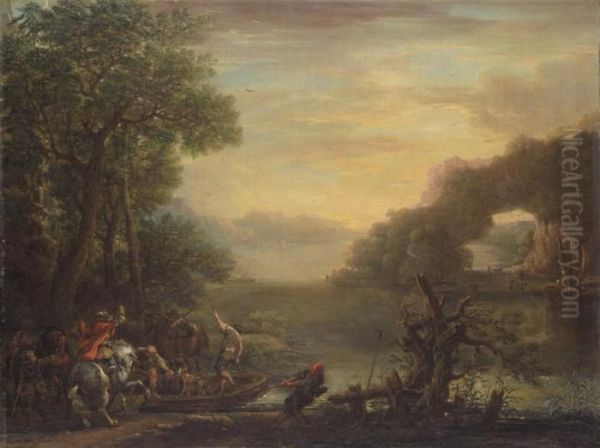 An Extensive River Landscape, 
With Cavaliers Embarking On A Ferry, Sailing Boats Anchored At The Shore
 Beyond Oil Painting by John Wootton