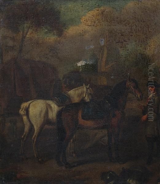 A Gentleman With Bay And White Horses Before A Church Oil Painting by John Wootton