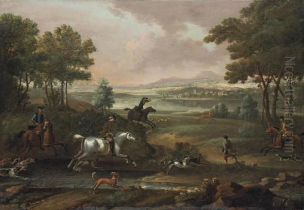 A Staghunt, With Hounds And 
Huntsmen Closing In, In An Extensive River Landscape With A Town And 
Mountains Beyond Oil Painting by John Wootton