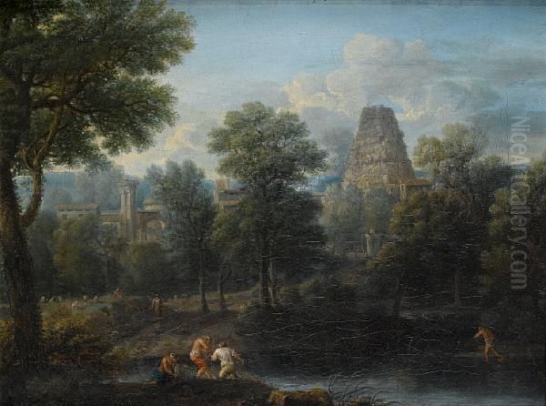 An Italianate River Landscape With Fishermenhauling In Their Nets Oil Painting by John Wootton